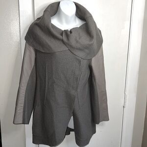 ELAINE KIM Sage Green Wool and Leather Shawl Collar Drape Front Jacket-4